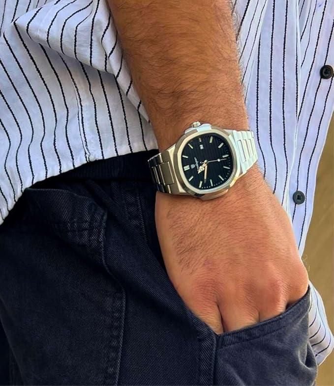 Men's Stainless Steel Watch, Blue-Black Dial, Silver Metal Band, Digital Display