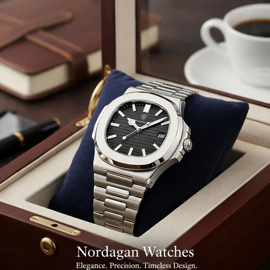 Men's Stainless Steel Watch, Blue-Black Dial, Silver Metal Band, Digital Display