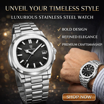 Men's Stainless Steel Watch, Blue-Black Dial, Silver Metal Band, Digital Display