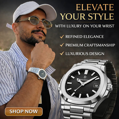 Men's Stainless Steel Watch, Blue-Black Dial, Silver Metal Band, Digital Display